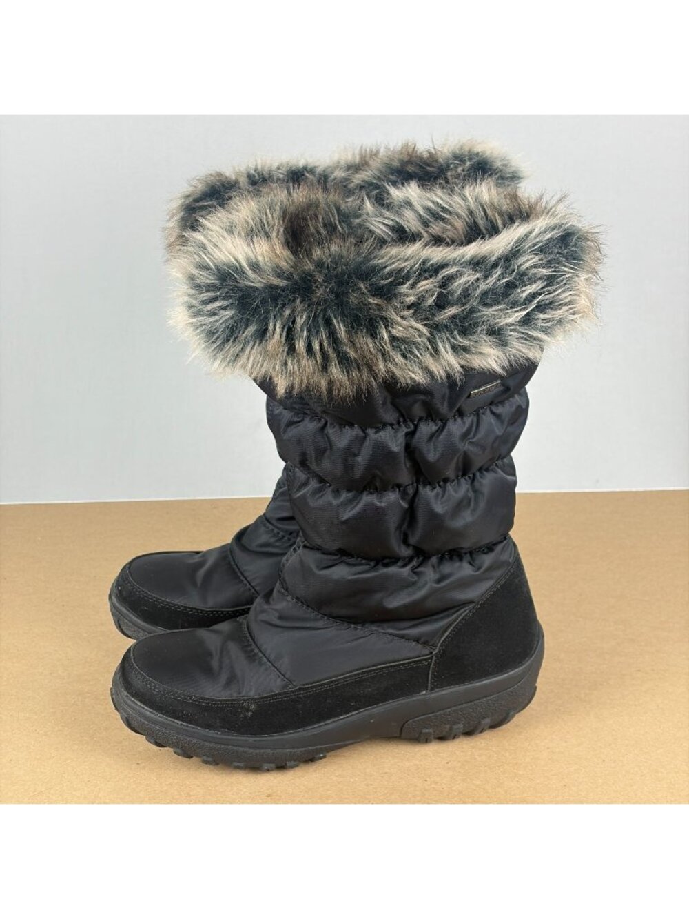 Spring Step Vanish Waterproof Puffer Boots Womens 7.5/8 Black Side Zip Faux Fur